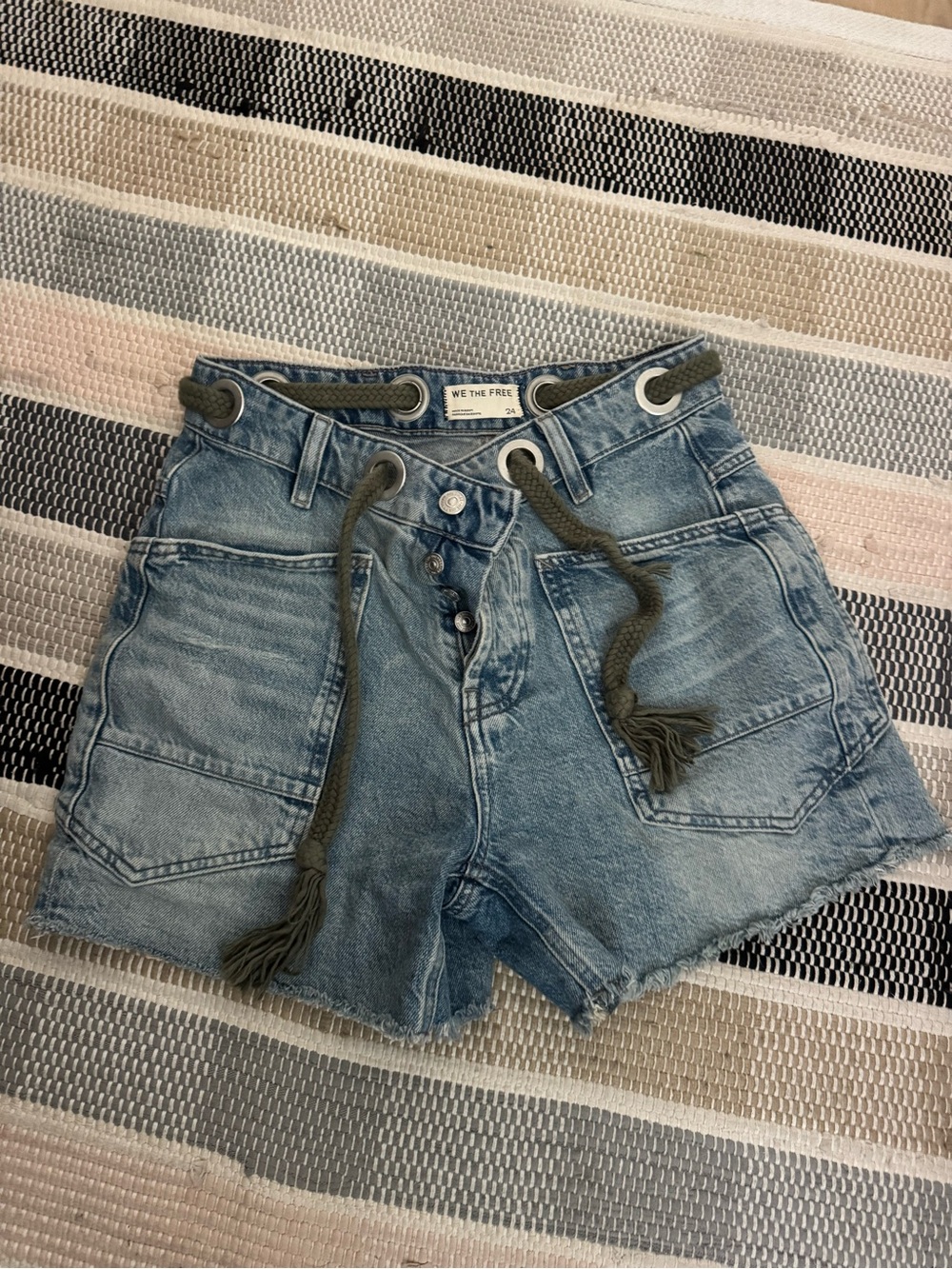 We The Free Olive Cord-Tie Light Wash Denim Shorts